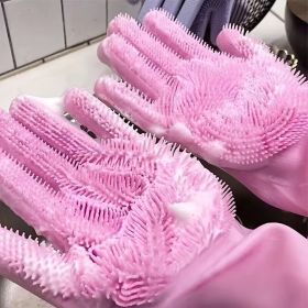 1pair Kitchen Silicone Dishwashing Gloves; Housework Cleaning Waterproof Insulation Magic Gloves; Dishwashing Brush (Color: green, Material: Silica Gel)