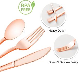 50 Pack Pre Rolled Rose Gold Plastic Silverware Set,Wrapped Plastic Cutlery Set with Napkin Include 50 Forks,50 Spoons (Model: 50 pack Black+Rose Red)