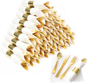 50 Pack Pre Rolled Rose Gold Plastic Silverware Set,Wrapped Plastic Cutlery Set with Napkin Include 50 Forks,50 Spoons (Model: 60 pack white+gold)