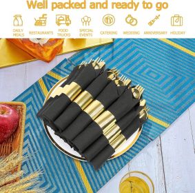 50 Pack Pre Rolled Rose Gold Plastic Silverware Set,Wrapped Plastic Cutlery Set with Napkin Include 50 Forks,50 Spoons (Model: 50 pack black+gold)
