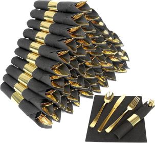 50 Pack Pre Rolled Rose Gold Plastic Silverware Set,Wrapped Plastic Cutlery Set with Napkin Include 50 Forks,50 Spoons (Model: 60 pack black+gold)